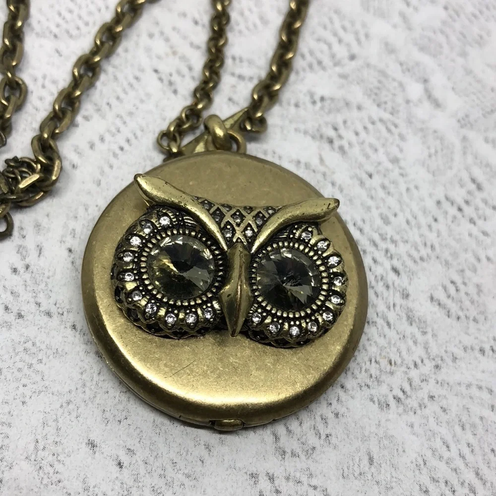 Fossil brand antique brass tone long locket owl pendant chain necklace boho